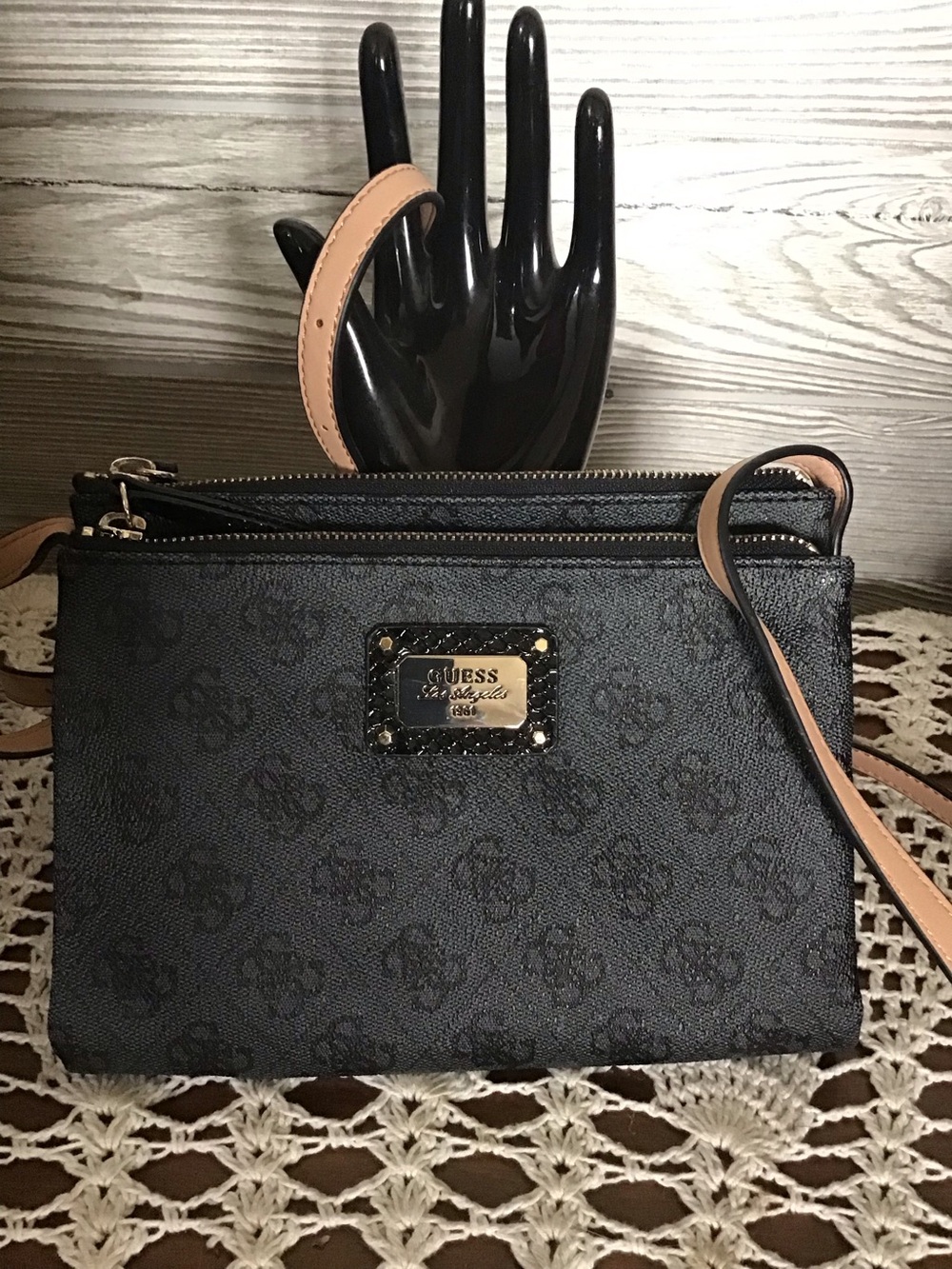 GUESS Black Crossbody with Tan Strap and Logo Plaque